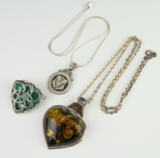A silver hardstone pendant and chain, 1 other and a ditto fob on chain 