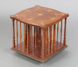 An Edwardian square inlaid mahogany table top revolving bookcase 32cm h x 33cm w x 34cm d 