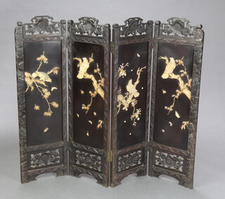 A Victorian ebonised and inlaid ivory 4 fold fire screen decorated birds amidst branches 95cm h x 28cm when closed x 111cm when extended 
