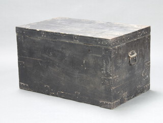 A 19th Century black painted and metal bound camphor coffer with iron drop handles 52cm h x 91cm w x 56cm d 