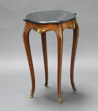 A French shaped walnut and gilt metal occasional table with green veined marble top, raised on cabriole supports 74cm h x 47cm w x 46cm d 