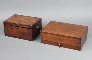 A 19th Century rectangular mahogany trinket box with crossbanded top and hinged lid 13cm x 25cm x 17.5cm together with 1 other 19th Century box with hinged lid and brass escutcheon the base fitted a drawer 10cm h x 31cm w x 27.5cm d 