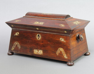 A Victorian inlaid mother of pearl tea caddy of sarcophagus form, fitted a glass mixing/sugar bowl, raised on bun feet 17cm h x 34cm w x 19cm d 