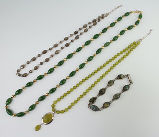 A silver mounted hardstone necklace, 2 others and a bracelet 