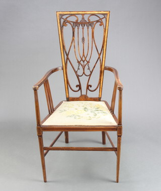 An Edwardian Art Nouveau inlaid mahogany pierced slat back open armchair chair with Berlin wool work seat and box framed stretcher, raised on square tapered supports 107cm h x 53cm w x 50cm d (seat 24cm x 29cm) 
