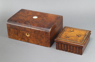 A Victorian D shaped figured walnut trinket box with hinged lid 13cm x 30cm w x 22cm d together with an inlaid olive wood trinket box, the lid decorated bluebirds, the apron in the form of books 7cm h x 17cm w x 17cm d 
