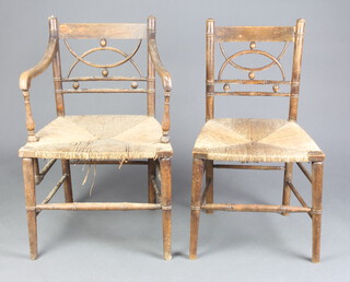 A Regency faux bamboo carver chair with woven rush seat, raised on turned supports 83cm h x 52cm w x 41cm d (seat 35cm x 33cm) together with a ditto standard chair 83cm h x 45cm w x 41cm (seat 33cm x 31cm) 