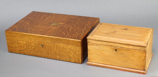 A light oak canteen box with hinged lid 13cm x 43cm x 30cm together with a 19th Century rectangular pine box with hinged lid fitted a tray 15cm x 28cm x 19cm 