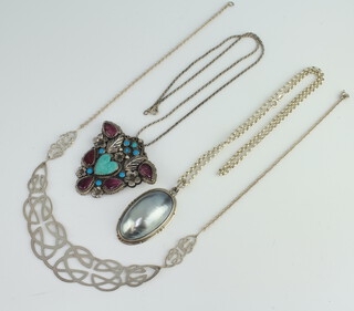 A silver hardstone pendant on chain, a shell ditto and a silver necklace