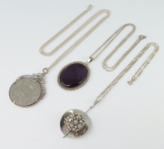 Two silver and hardstone pendants and 3 silver chains including a cupro nickel coin, gross weight 99 grams 
