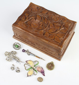 A 19th Century gilt seed pearl mourning brooch and minor jewellery, contained in a carved wooden box 
