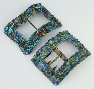 A pair of late 19th Century Chinese enamelled buckles decorated with scrolls and exotic birds 10cm x 2.5cm 