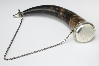 A Continental 19th Century horn powder flask with plated mounts engraved with an armorial 33cm 