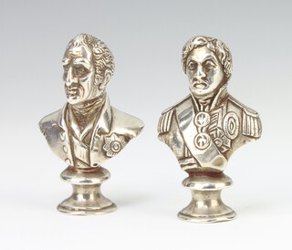 A pair of Edwardian silver desk seals in the form of a bust of Napoleon Bonaparte and The Duke of Wellington, London 1905, 5cm, 180 grams 