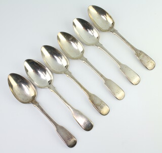 Six George IV silver Old English dessert spoons London 1825, 334 grams, engraved with the initial S  