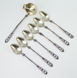 A set of 6 Continental silver and enamel teaspoons together with a ditto ladle 104 grams 