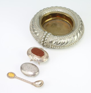 An Eastern white metal dish, 2 mounted boxes and spoon