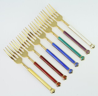 A set of 8 Norwegian silver gilt forks with enamelled handles 158 grams 