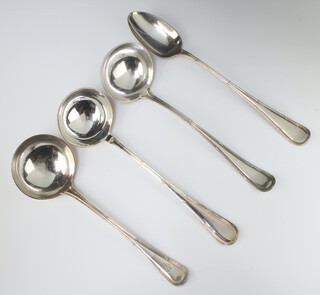 A pair of silver plated ribbon and bow pattern ladles, 1 other and a basting spoon 