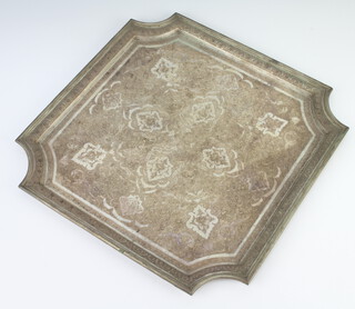 An Arabian white metal engraved square tray with swept corners, 36cm, 1236 grams 