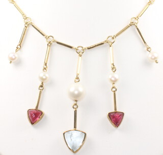 An 18ct yellow gold necklace with pearl, crystal and hardstone drops, gross weight 17.2 grams, 44cm 