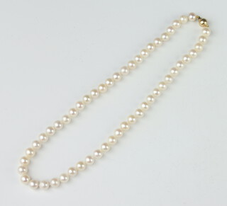 A strand of freshwater pearls with 9ct yellow gold ball clasp 44cm 