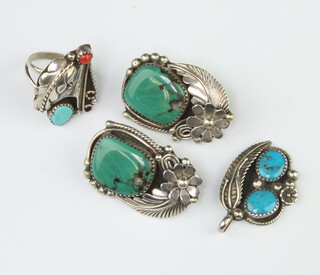 A silver and turquoise ring size M together with a pendant and pair of earrings, gross 32 grams 