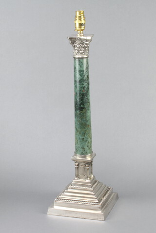 A Victorian style silver plated mounted hardstone table lamp with stepped base 52cm 