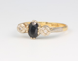 An 18ct yellow gold sapphire and illusion diamond set ring, size R, 3.6 grams 