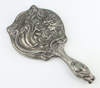 An Art Nouveau silver plated repousse hand mirror decorated with a bust of a lady amongst stylised flowers 25cm 