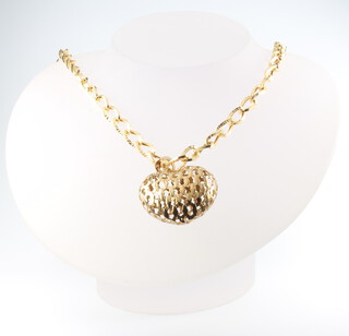 A 9ct yellow gold fancy link necklace 42cm with a 9ct yellow gold filigree heart pendant, 15.5 grams 