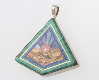 An 18ct white gold triangular malachite, opal and hardstone pendant 43mm, 11.5 grams