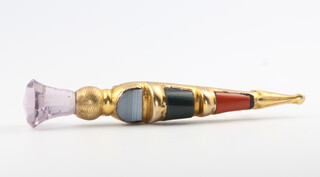A Scottish 9ct yellow gold hardstone and amethyst brooch in the form of a dirk 63mm, gross weight 6.8 grams 