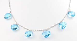 An 18ct white gold necklace set with 6 blue glass drops with matching gilt earrings 