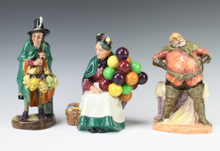 Three Royal Doulton figures - The Mask Seller HN2103 20cm, Falstaff HN2054 18cm and The Old Balloon Seller HN1315 17cm 
