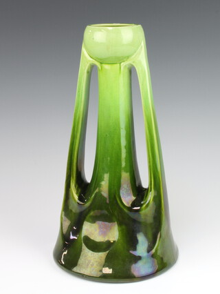 A Bretby green glazed twin handled vase with flared base no.1622 30cm 