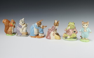 A collection of limited edition Beswick Ware figures comprising Squirrel Nutkin 1263/1947 13cm, Jeremy Fisher 556/1947 13cm, Hunca Munca Sweeping 1263/1947 13cm, Tabitha Twitchett and Moppet 754/2500 13cm, Tom Kitten 556/1947 10cm and Mrs Rabbit and Peter 972/2500 13cm, all boxed  
