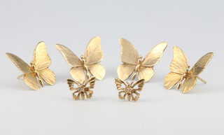 Three pairs of 9ct yellow gold butterfly earrings 9.7 grams