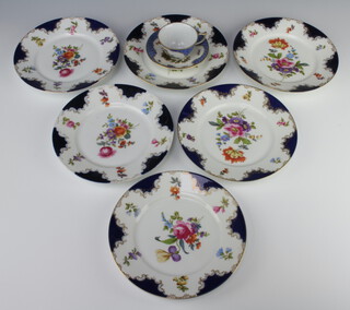A 19th Century Meissen tea cup and saucer decorated with fete gallant scenes together with 6 Continental dessert plates decorated with flowers 19.5cm