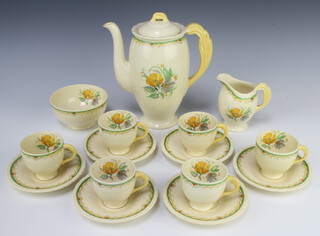 An Art Deco Newhall coffee set comprising coffee pot, 6 coffee cups, 6 saucers, sugar bowl and cream  jug decorated with flowers 