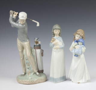 A Lladro figure of a gentleman golfer 29cm together with 2 Nao figures of girls 20cm 