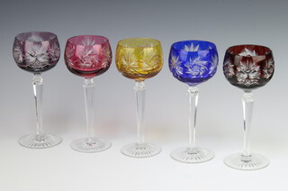 Five multi coloured flash glass hock wine glasses 20cm 