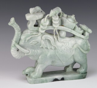 A modern carved hardstone figure of a standing elephant with mice on his back, 22cm 