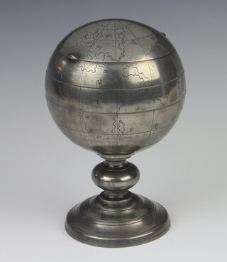 A 20th Century Chinese pewter globe with chinese symbols and waisted stem 14cm 