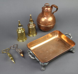 An Army & Navy Co-operative Stores copper Jersey milk can 18cm x 11cm (heavily dented), 2 brass pigeon lamp oil lamps 17cm x 7cm (both missing handles and corroded), pair of brass candle snuffers, Britannia metal ditto and a rectangular silver plated base 
 