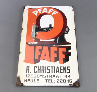 Pfaff, a Belgian enamelled sewing machine advertising sign  72cm x 43cm 