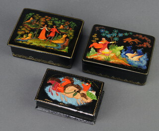 A rectangular Russian papier mache trinket box with hinged lid 4cm x 8cm x 10cm and 2 others 3cm x 10cm x 8cm and 3cm x 9cm x 6cm 