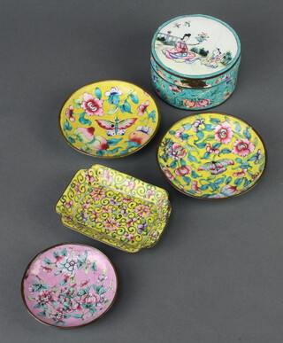 A Chinese cylindrical cloisonne enamelled jar and cover decorated figures 5cm h x 8cm (chips to lid), 3 circular dishes 10cm and 8cm (all chipped), rectangular ditto 9cm x 7cm (chipped)