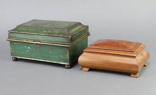A Victorian rectangular green painted metal spice box raised on bun feet, fitted interior 10cm h x 22cm w x 15cm d (hasp missing), together with a hardwood sarcophagus shaped trinket box on bracket feet 7cm h x 17cm w x 12cm d  