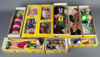 Nine various Pelham puppets - caterpillar, baby dragon, Mitzi, SM Macboozle, SS Troy Boy, witch, giant, Bingo, emu, all boxed 